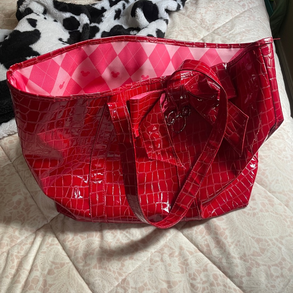 Glossy Red Crocodile-Embossed Tote Bag